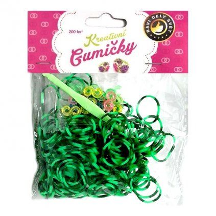 Loom Bands Pletací gumičky pruhované zelené 200ks + háček