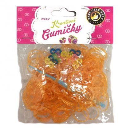 Loom Bands Pletací gumičky oranžové se třpytkami 200ks + háček