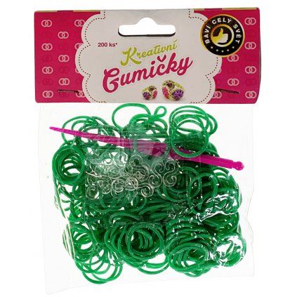 (65) Loom Bands Pletací gumičky tmavě zelené 200ks + háček